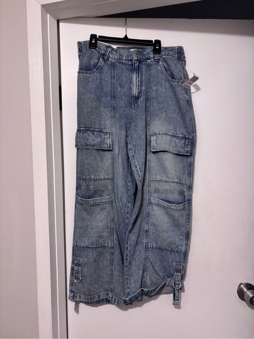 Kensie Light Wash High-Rise Denim Cargo Trousers
